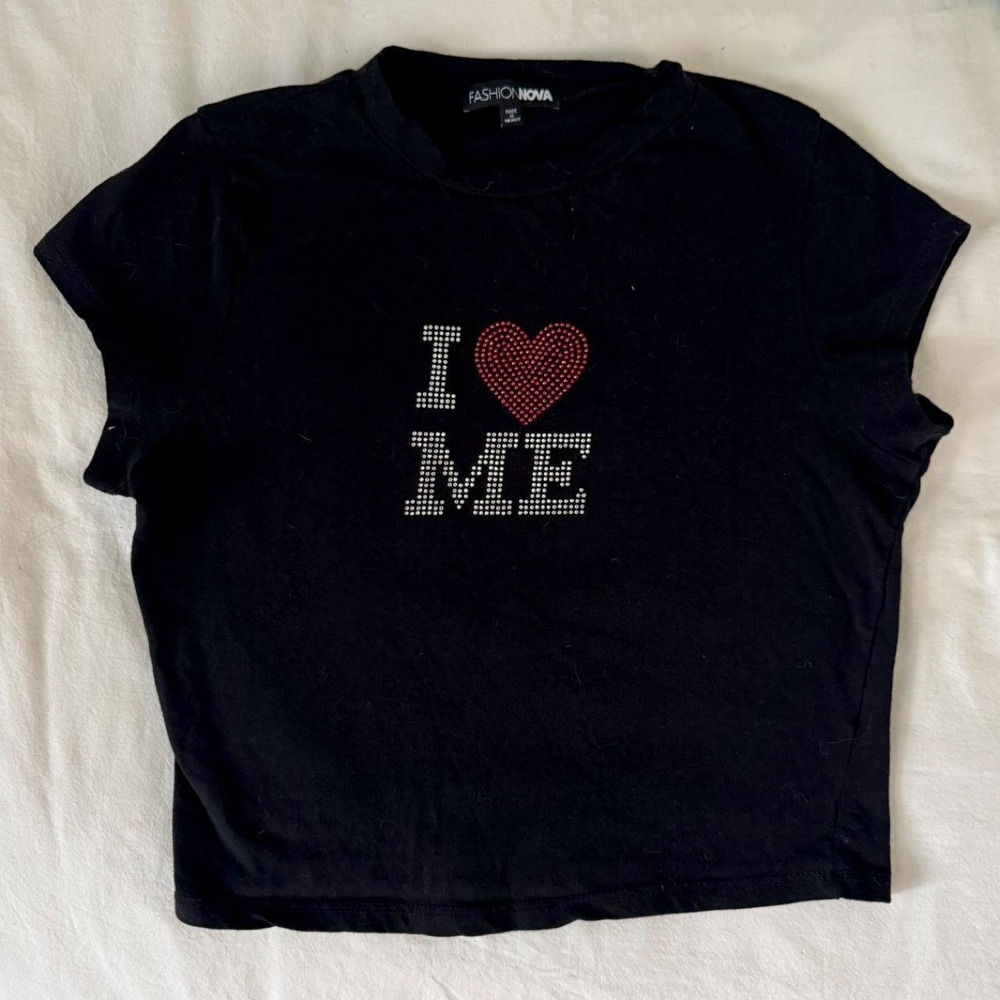 Fashion Nova black baby tee with 'I ❤️ ME' graphic in rhinestones